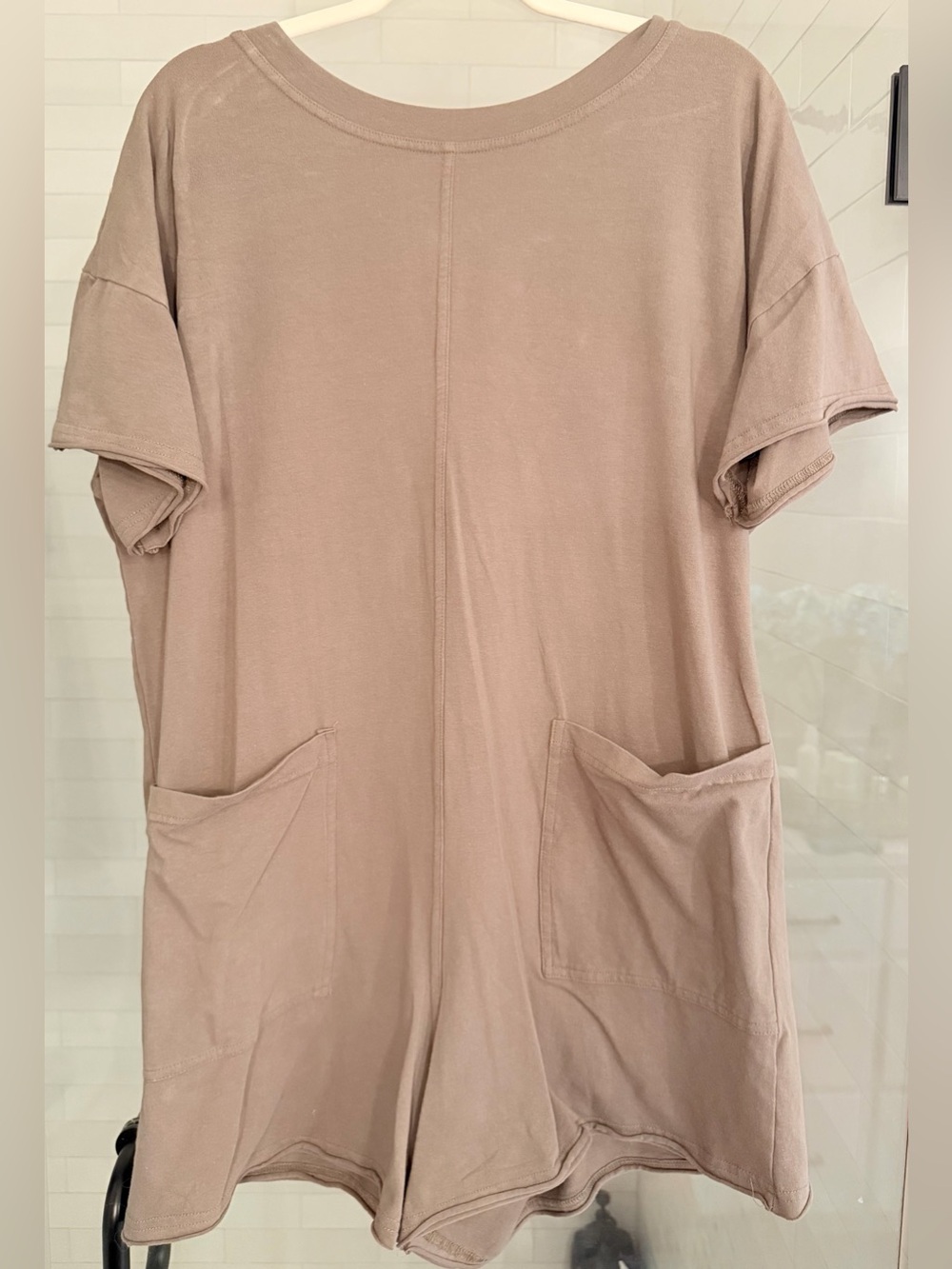 Women's Short Sleeve Pocket Tee Romper - Taupe/Olive Green